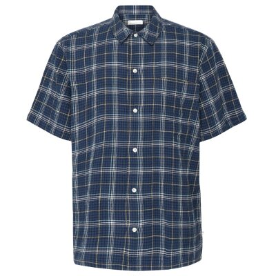 Box Fit Seersucker Short Sleeved Shirt Blue Check