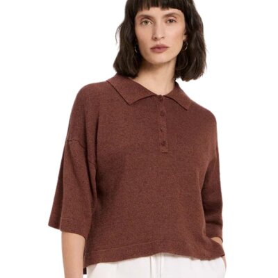 Halbarmpullover mit Polo-Kragen Dark Mocca